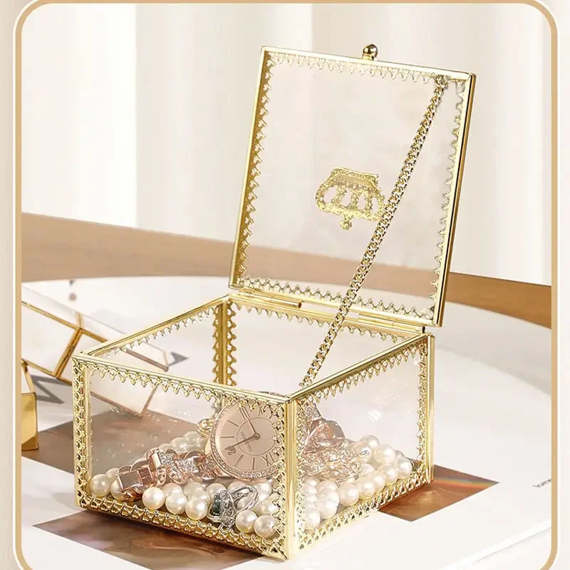 1pc European Crown Earrings Ring Storage Box Gold Glass Transparent Jewelry Tabletop Jewelry Organizer Box Excluding Jewelry 4