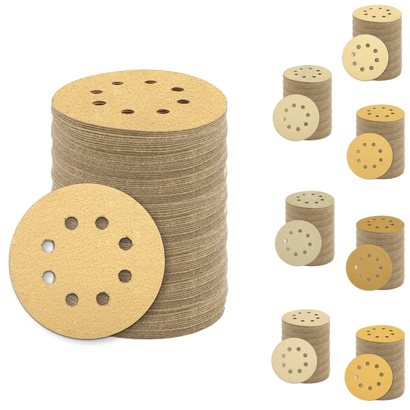 

100Pcs Sanding Disc, 5 Inch Sanding Sheet, 8 Holes Dustless Hook And Loop Sandpaper For Random Track DA Sander