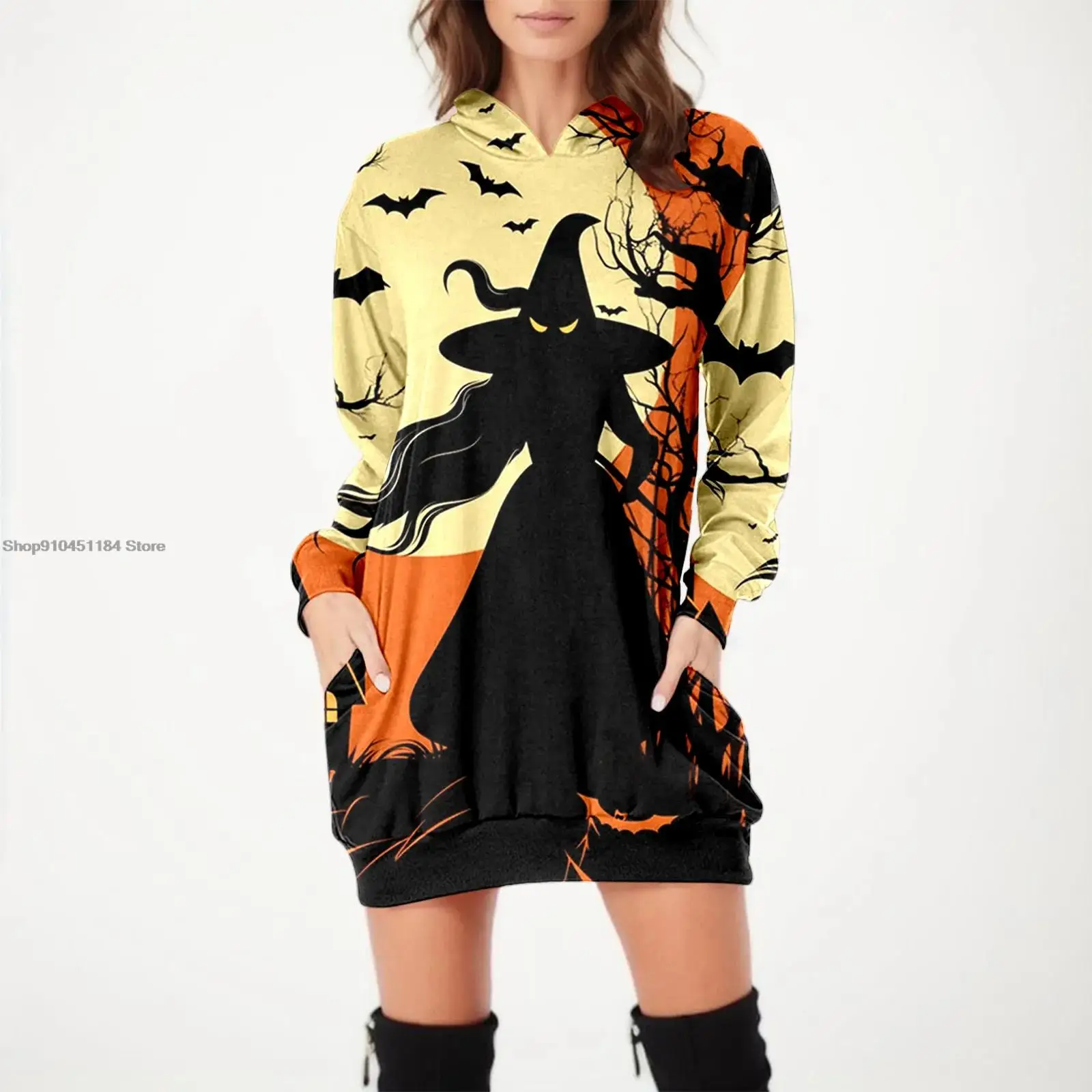 

Women Retro Halloween Hoodie Dress 3D Printed Hoodie Dress Novelty Hoodies Women Casual Long Sleeve Hooded Pullover Tracksuit