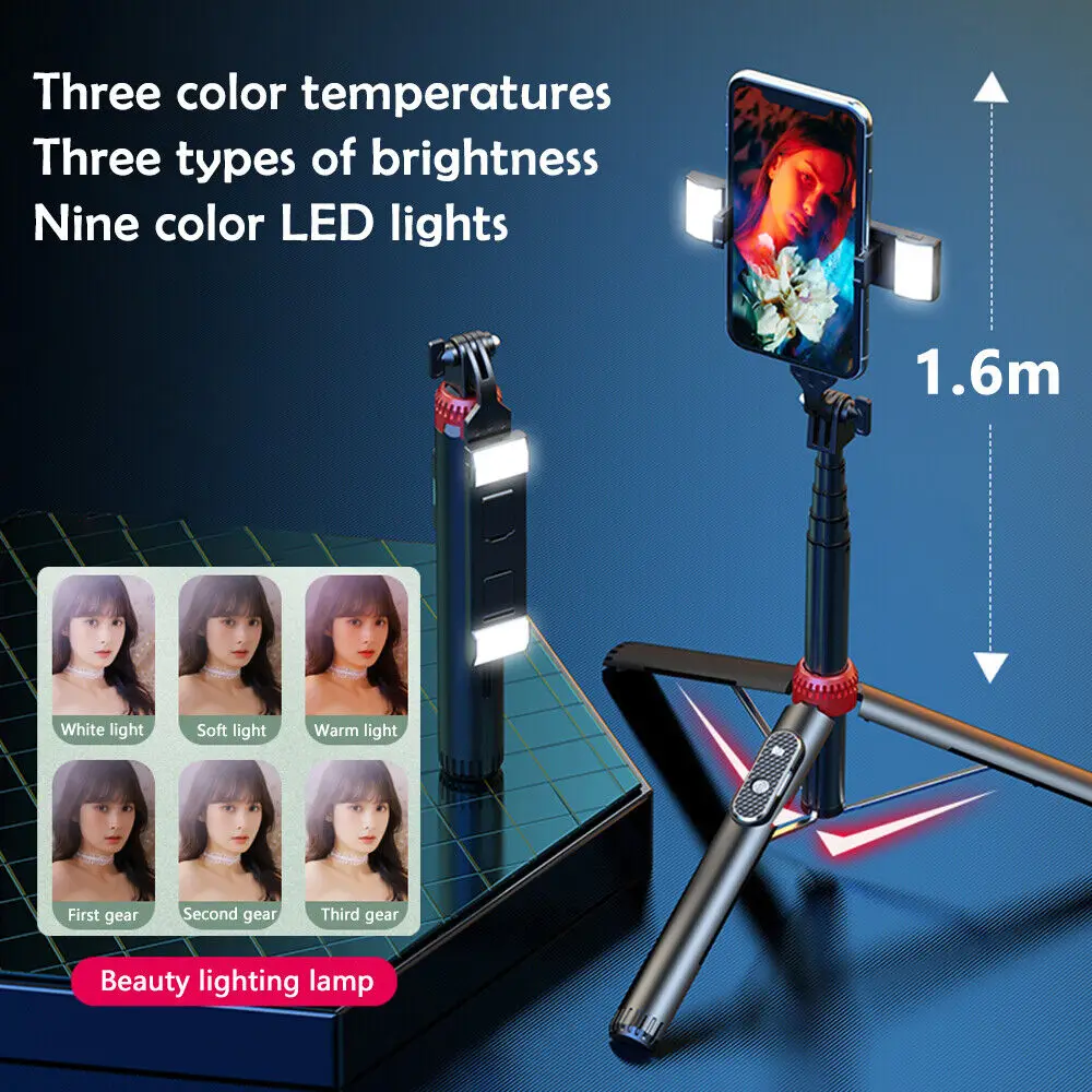 Dual LED Selfie Stick Tripod 1.6m Bluetooth Remote for Samsung/Android Smartphone Recording Video LISCN
