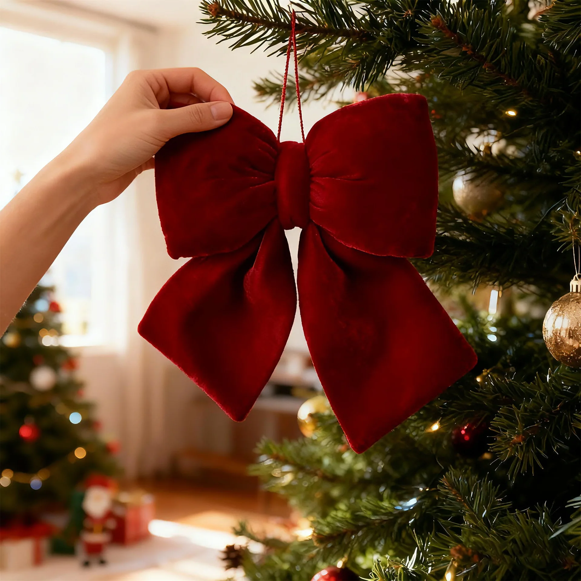 Christmas Velvet Red Bow Decoration Xmas Trees BowKnot Baubles Hanging Ornaments DIY Pendant New Year Home Party Decorations