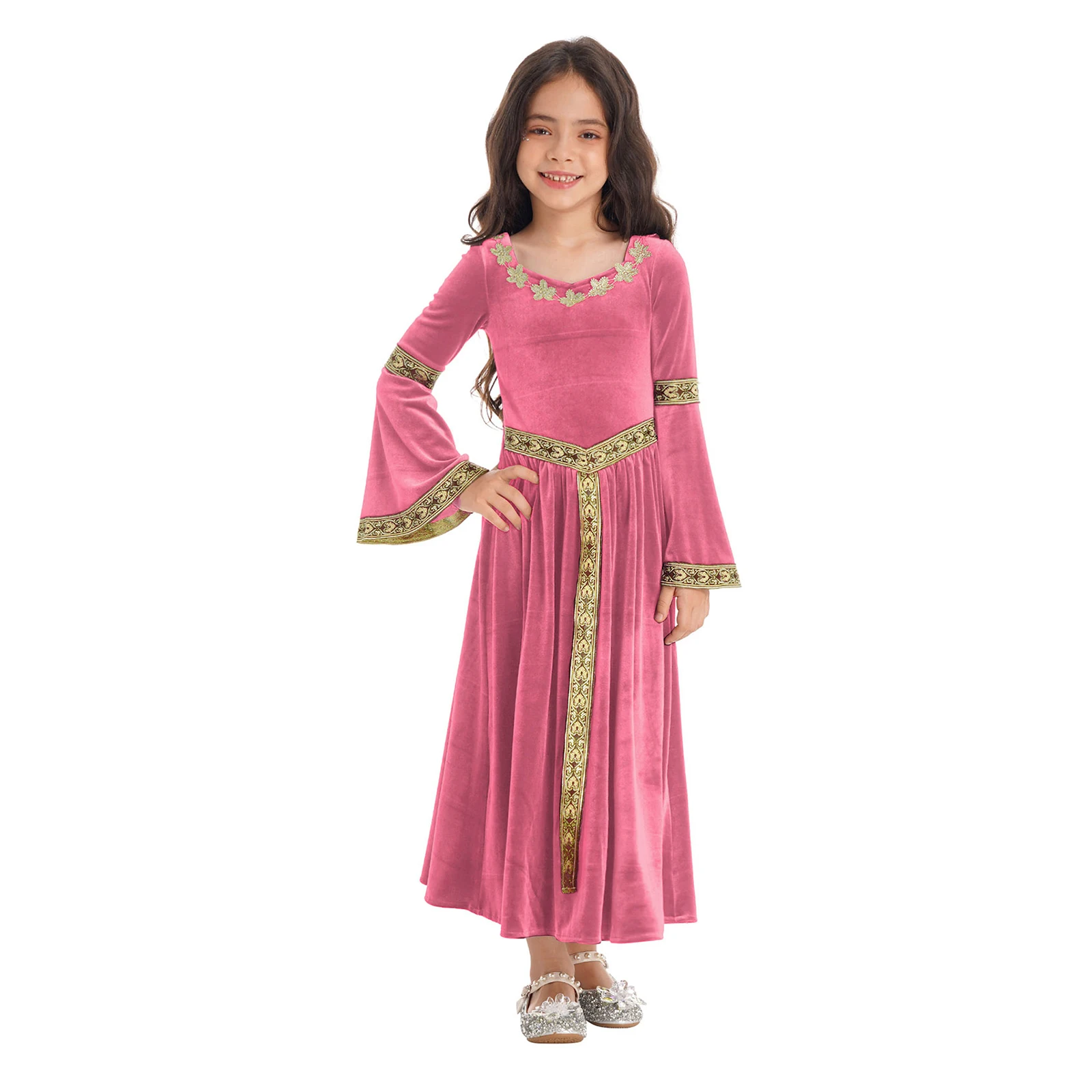 Kids Girls Medieval Princess Queen Velvet Dresses Performance Dancewear for Christmas Halloween Carnival Party Dress Up Costume