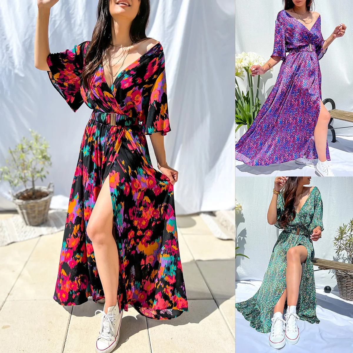 

Summer Long Slit Dress Women Loose Fitting Beach Skirt Temperament V-neck Belt Print Fashion Lightweight Breathable Flowing Hem