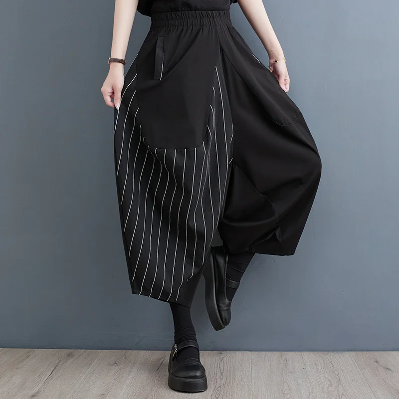 

#2902 Spliced Striped Wide Leg Pants Women Elastic Waist Loose Asymmetrical Trousers Female Pockets Bloomers Baggy Pants Summer