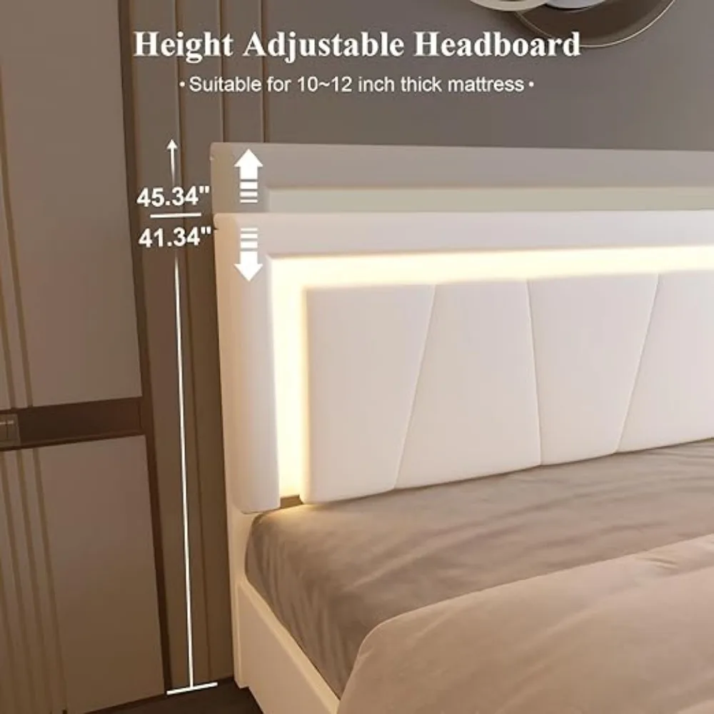 Bed Frame LED Lights 4 Stoarge Drawers Adjustable Headboard Upholstered Platform Bed Type-C&USB Ports