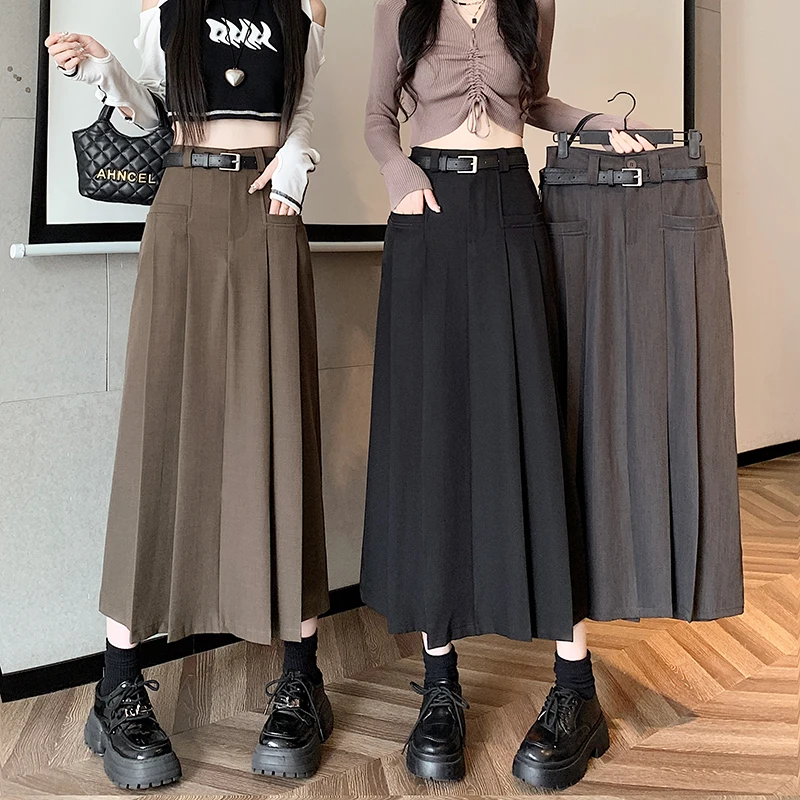 

2023 High Waist Covering Crotch Slim Mid Hanging Feeling Large Swing Split Suit Pleated Long Skirt with Belt Cheap Wholesale