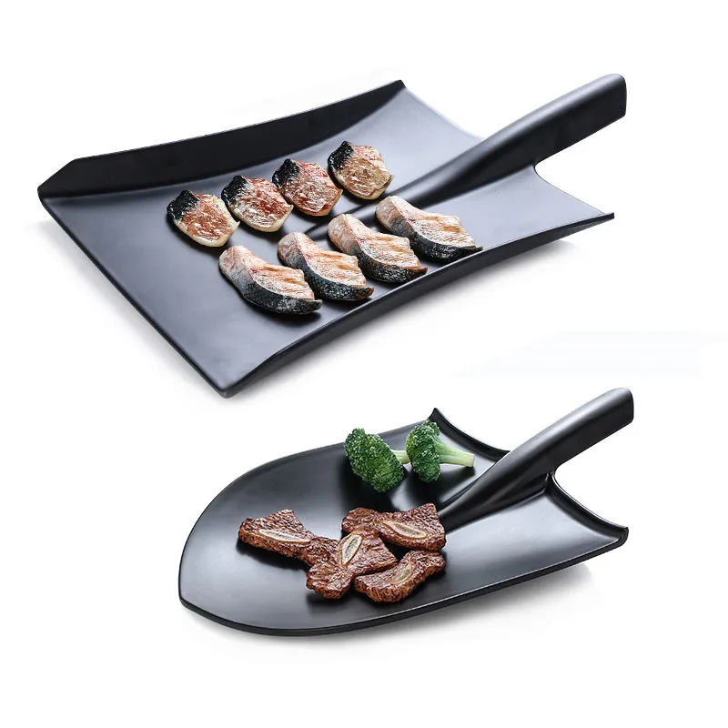 Black Frosted Plate Food Grade Plastic Tableware Sushi Plate Dish Shovel Picnic Barbecue Melamine Plastic Tableware Irregular