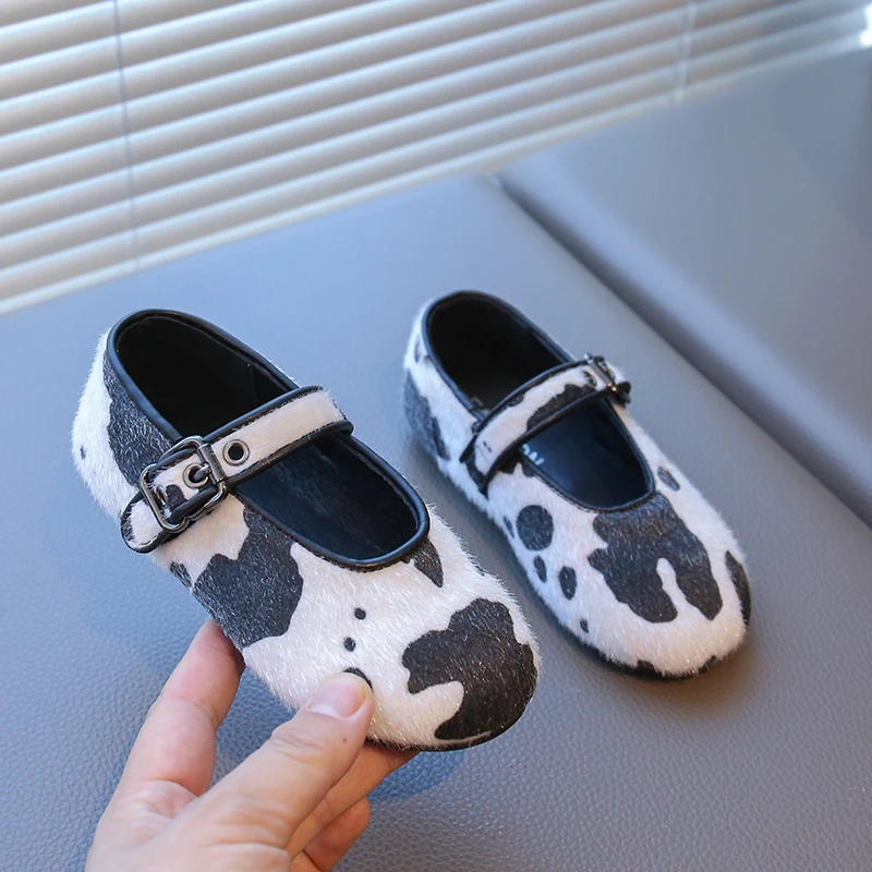 Girls Plush Leather Ankle Strap Ballet Flats