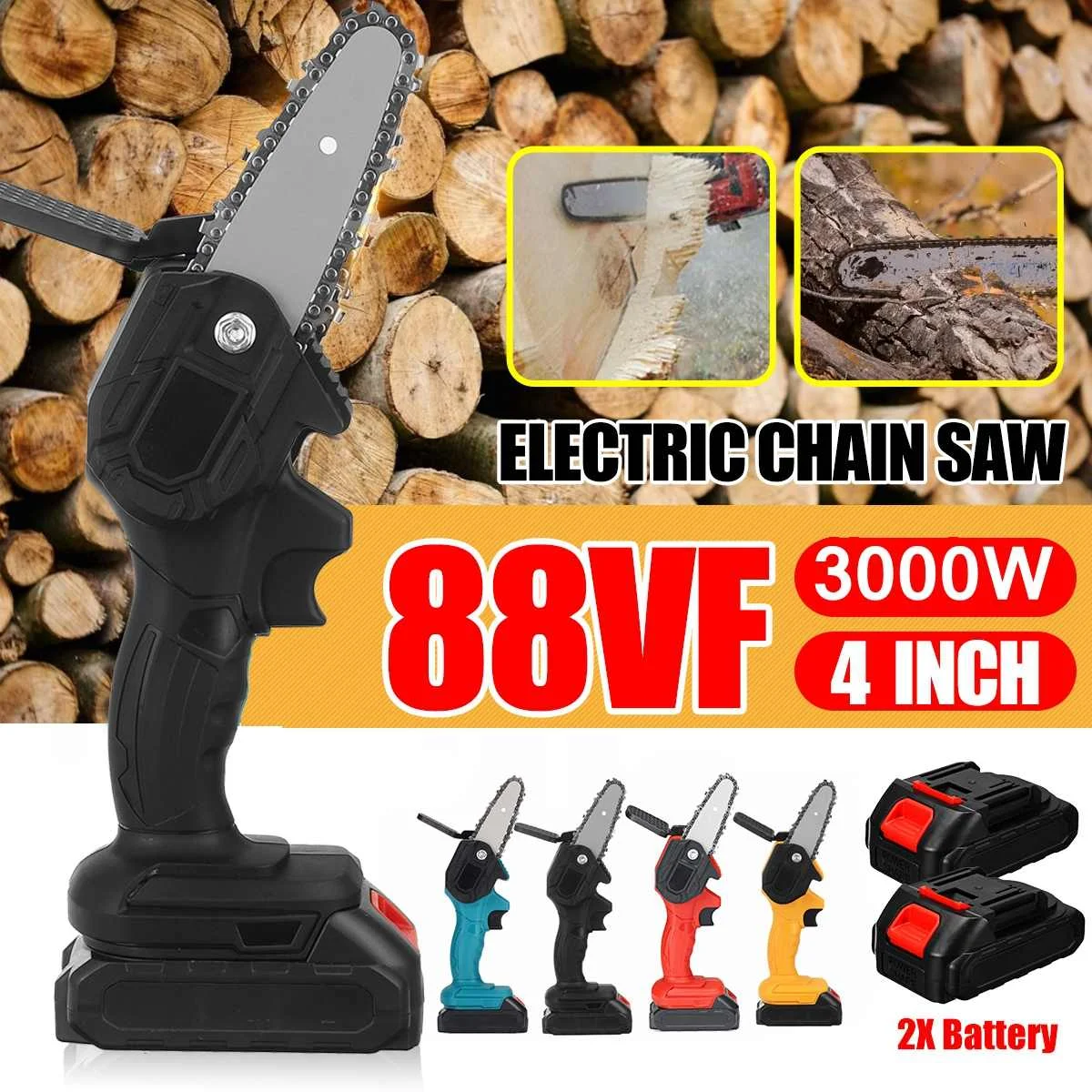 3000W 88V 4 Inch Mini Electric Chain Saw With 2 Battery Rechargeable  Woodworking Pruning One-handed Garden Logging Power Tool