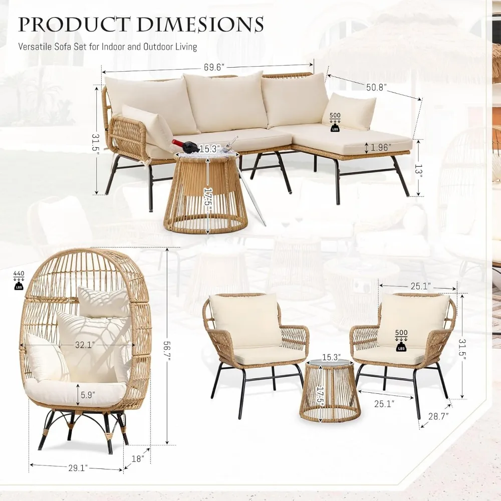 7 Piece Boho Patio Furniture Sets with Egg Chair, Small Outdoor Bistro Chair Conversation Sofa Set w/Coffee Table & Ice Bucket 5