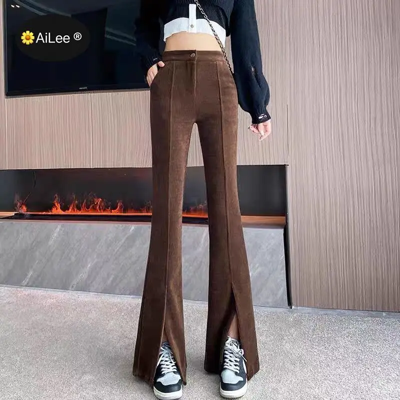 Winter Corduroy Warm Full Long Pants Flare Split Boot Cut Pockets Elastic High Waist Trousers Plus Size Streetwear Office Work