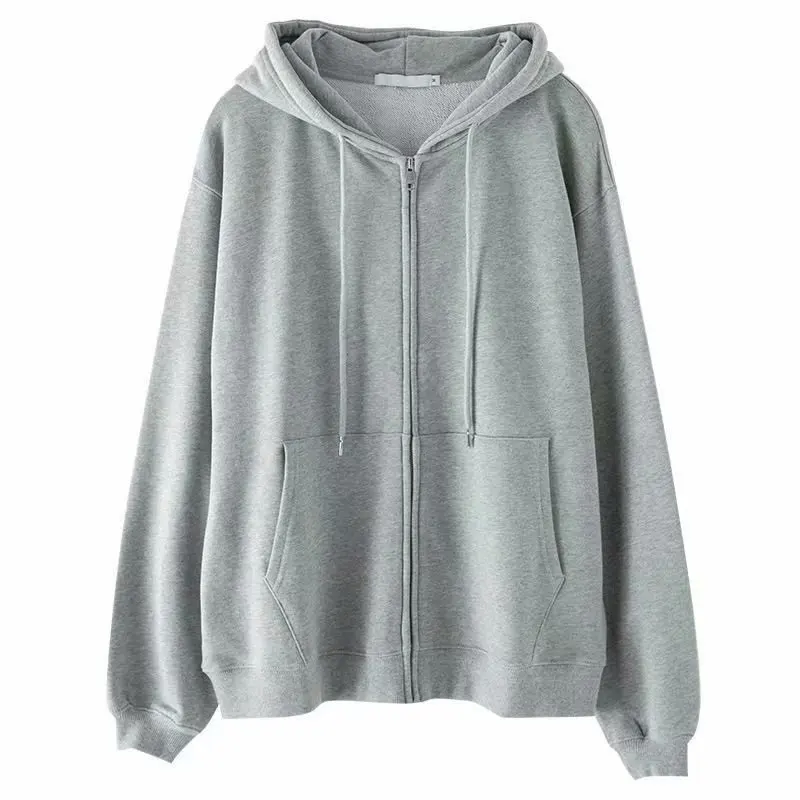 thumbnail image 1 of Sudadera con capucha de gran tamaño para mujer, cárdigan gris, ropa lisa con cremallera, Tops de manga larga para primavera, 1 of 4