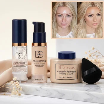 4 pcs set face makeup bundle smoothing primer, matte foundation, setting powder with puff long lasting waterproof value pack