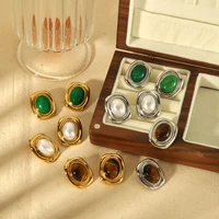 New Products Statement Nature Stone Tiger-eye Earrings Waterproof Gold Plated Stainless Steel Pearl Stud Earrings for Women 1