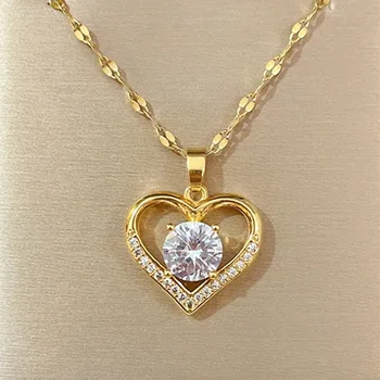 artificial gems heart pendant necklace for women 2022 golden stainless steel lips neck chain female necklaces jewelry for girl