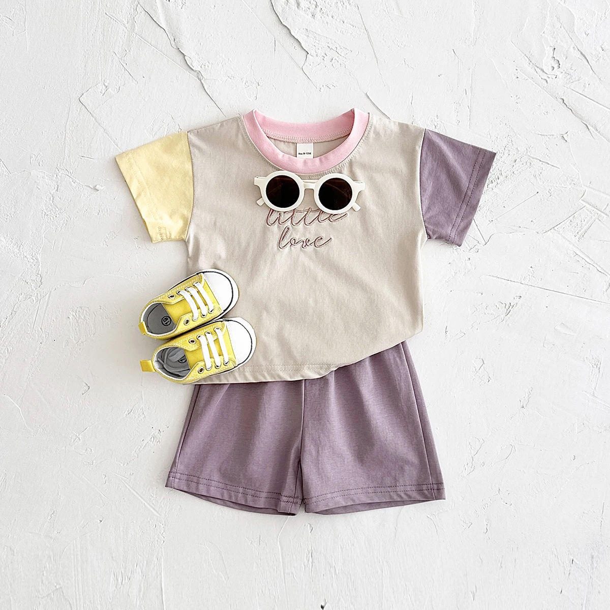 New Baby Girls Clothes Set Casual Embroidered Letters Color Patchwork Short Sleeved T-shirt+loose Shorts Summer Boys Suit