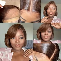 Ombre # Perruques courtes style pixie brun 1B pour femmes, cheveux humains, 200% de densité, lisses, brun chocolat, perruque bob avec dentelle frontale, cheveux brésiliens Remy 5
