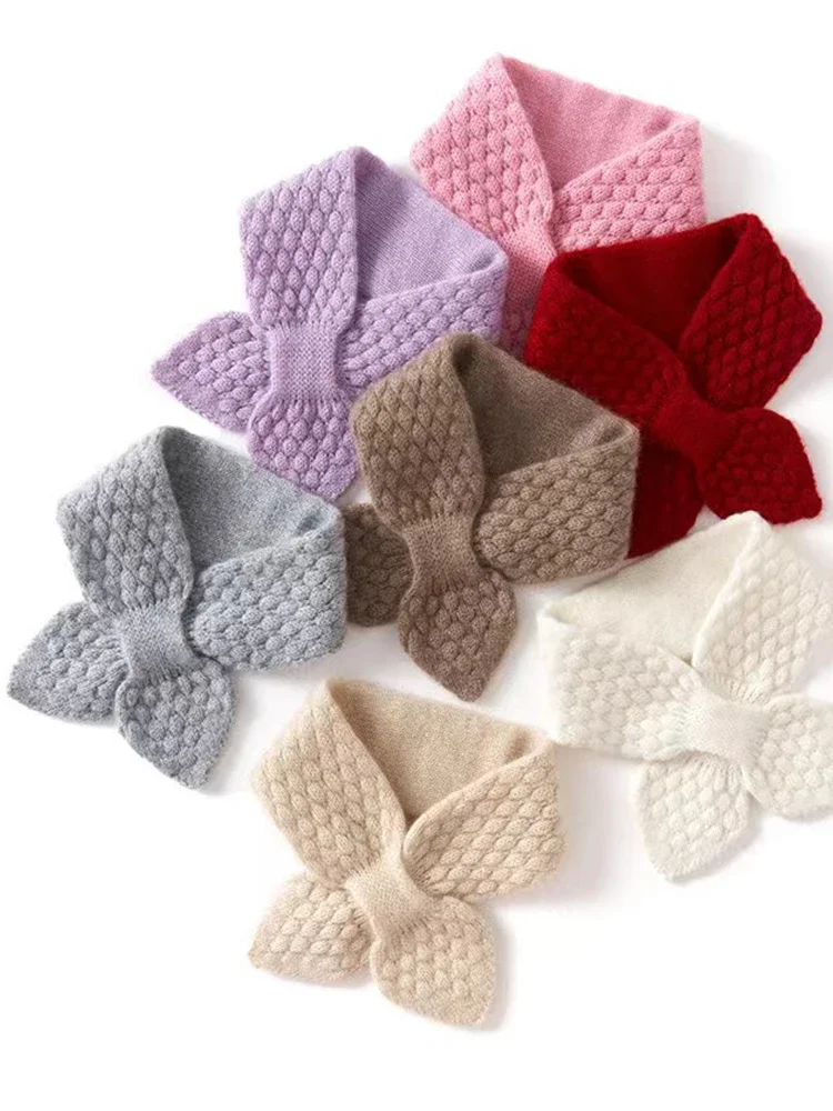 Women 100% Pure Cashmere Knitted Small Bowknot Scarf Neckerchief Moss Stitch Soft Neck Warmer Ring Collar Female Boutique Acc 6