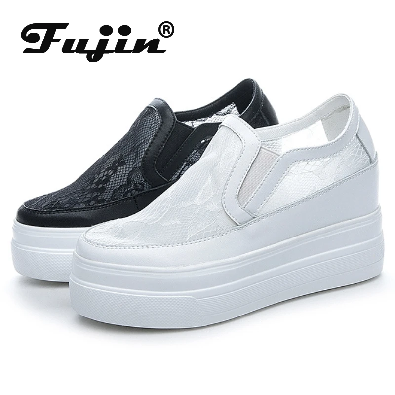 

Fujin 9cm New Air Mesh Lace Platform Wedge Summer Comfy Fashion High Brand Breathable Slip on Thick Soled Casual Fashion Shoes