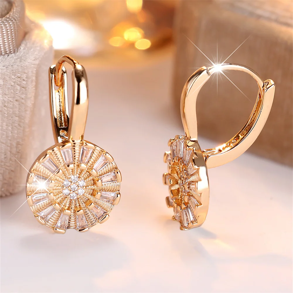 Luxury Crystal White Zircon Round Flower Hoop Earrings For Women Vintage Gold Color Ear Buckle Wedding Jewelry Versatile Gifts