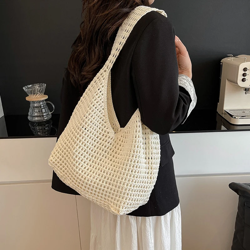 Solid Color Knitting Shoulder Bag Hollow Out Versatile Bohemian Crochet Tote Bag Large Capacity Casual Woven Handbag Women