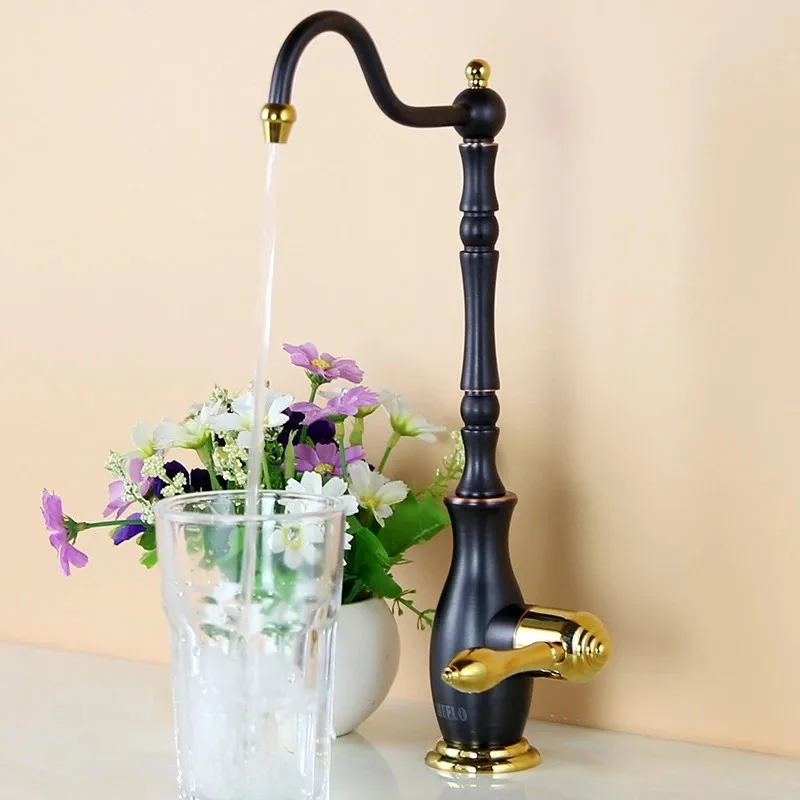 360 Degrees Rotating Black Gold Kitchen Sink Faucet Prified Water Tap only Cold  Drinking Faucet Soild Brass  Deck Mounted