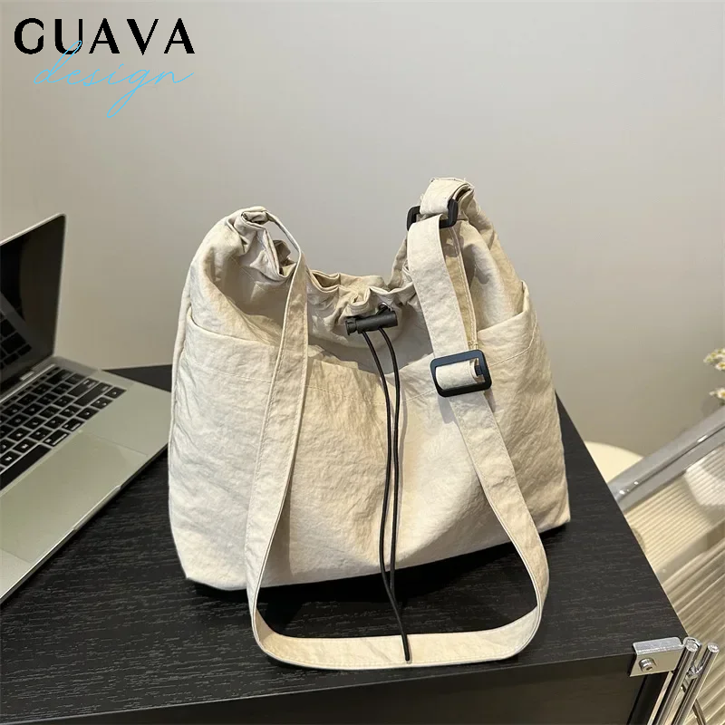 Fashion Travel Casual Nylon Tote Bag Drawstring Shoulder Bag Large Capacity Waterproof Crossbody Bucket Bag Women