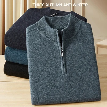 Morbido Ordos Cashmere Abbigliamento da uomo Maglione Pullover con cerniera semi-alta Autunno Inverno Caldo maglione di lana lavorato a maglia di base Pull Homme 1