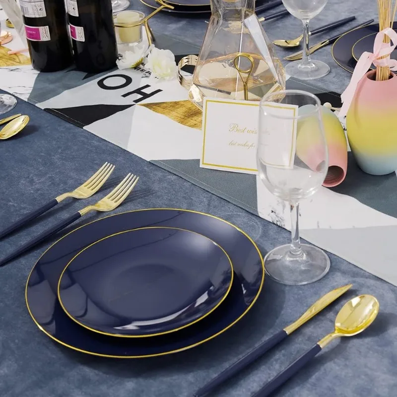 150PCS Blue Plastic Plates-Gold Plastic Silverware-Navy Disposable Plates Include 30 Guests Plates, Forks, Spoons, Knives
