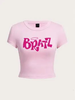 Personality Womens Crop T-Shirt Y2K Pink Bratz Letter Prints Short Sleeve High Elastic Soft O-Neck Tees Sexy Club Female Clothes 1