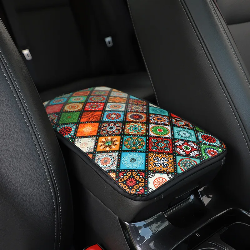 Car Armrest Cover Mat Universal Leather Ethnic Style Print Waterproof Non-slip Storage Box Pad Auto Styling Interior Accessories center console armrest car armrest box armrest box car armrest cover center console cover armrest pad car armrest mat