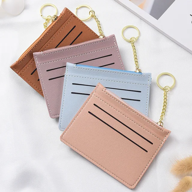 Wikavanli Women Slim Rfid Blocking Credit Card Case Holder Wristlet Zip ID  Case Wallet Small Compact Leather Wallet Coin Purse with Keychain (Beige)