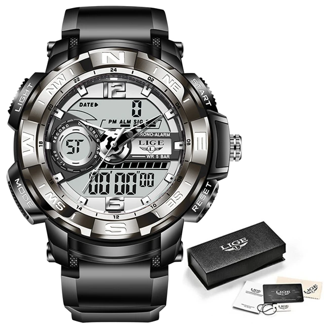 LIGE Top Luxury Watches Men Military Army FOXBOX Man Watch Waterproof Sport Wristwatch Dual Display Watch Male Relogio Masculino 