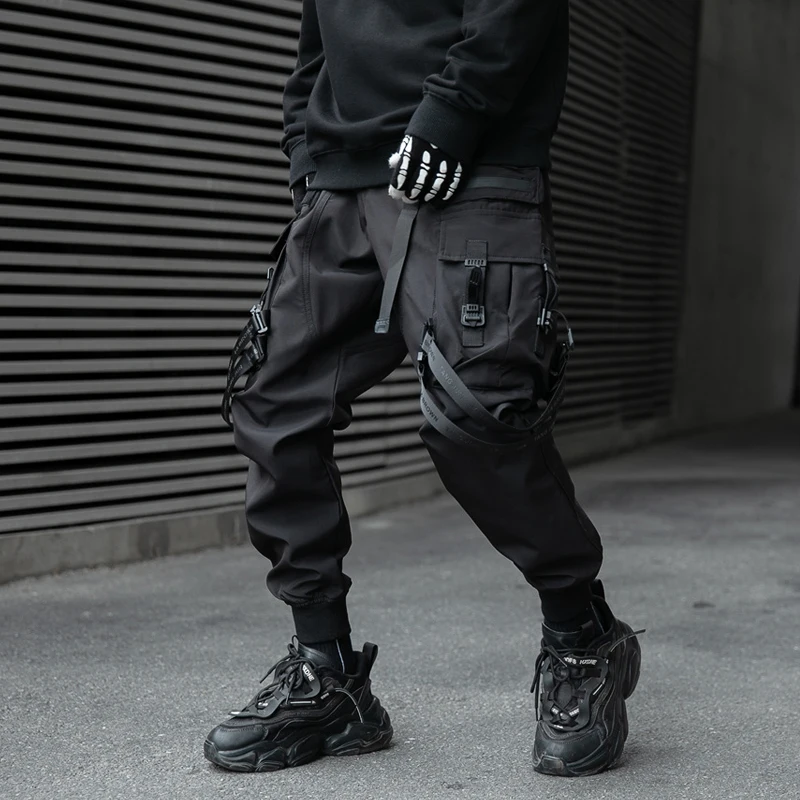 Hip Hop Tactical Cargo Pants Men Ribbons Joggers Trousers 2023 Spring Functional Elastic Waist Fahsion Streetwear Pant 4