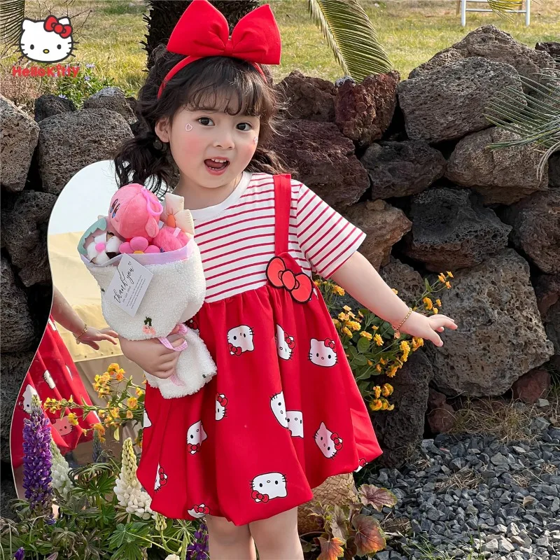Vestido de quimono Sanrio Hello Kitty, roupa infantil kawaii, manga curta,  desenho animado bonito, camiseta estampada em arco, saia para menina, verão