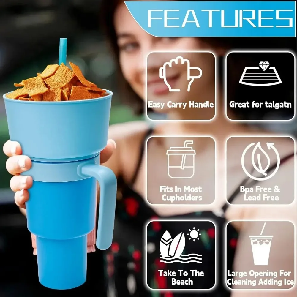 2In1 Snack Bowl Drink Cup With Straw Stadium Tumbler Water Bottle Straw Splash Proof Leakproof Portable Adults Kids Cinema Trip snack bowl drink cup