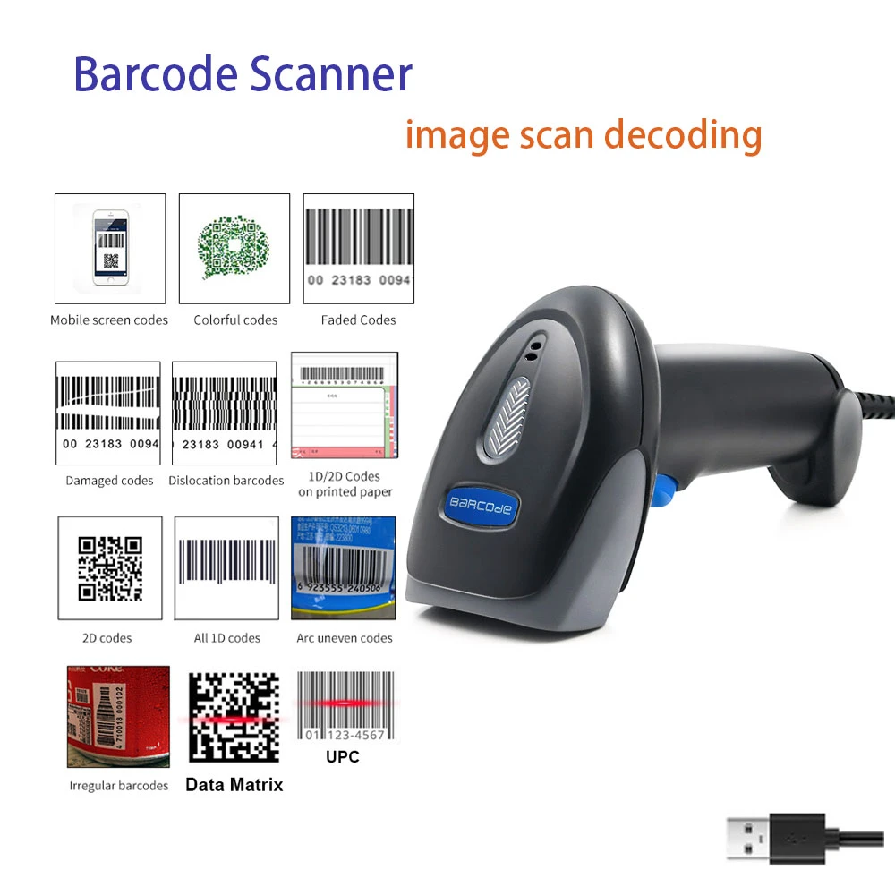 2D/1D Barcode Scanner QR Wired Handheld Data matrix PDF417 Bar code Reader USB high-speed for store supermarket phone payment 3d scanner