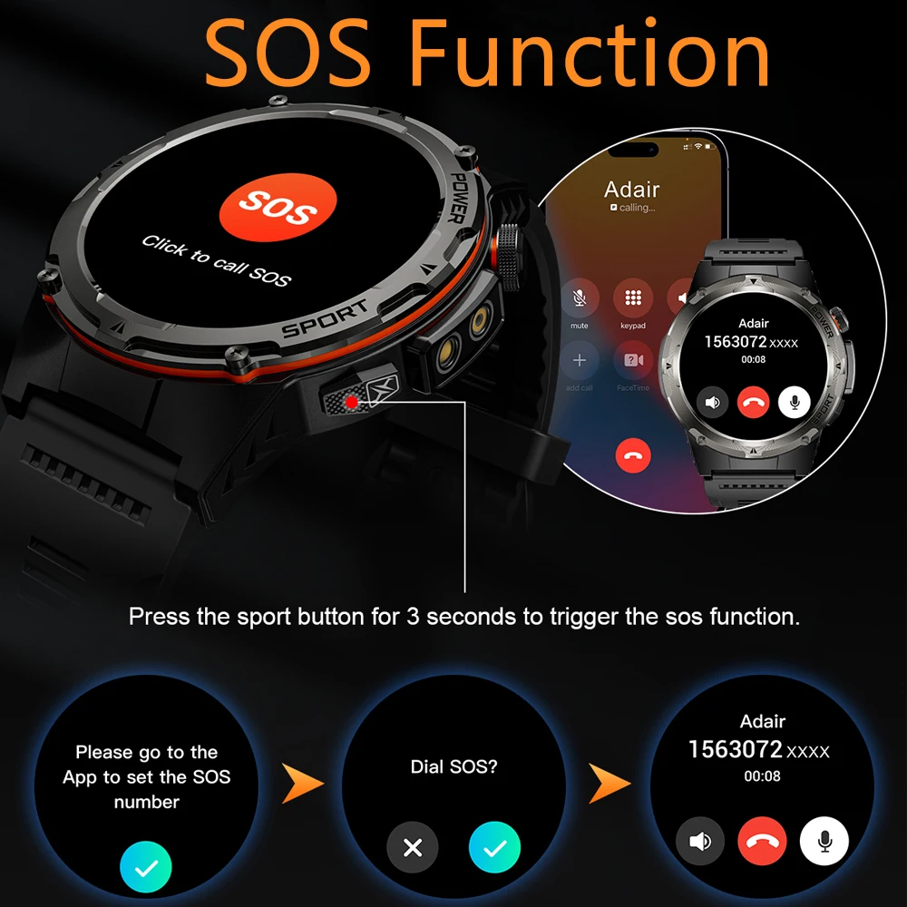 2026 New Outdoor Sports Military Smartwatch Men GPS Sports IP68 Waterproof Watch Laser + Flashlight Watch Bluetooth Call Watch