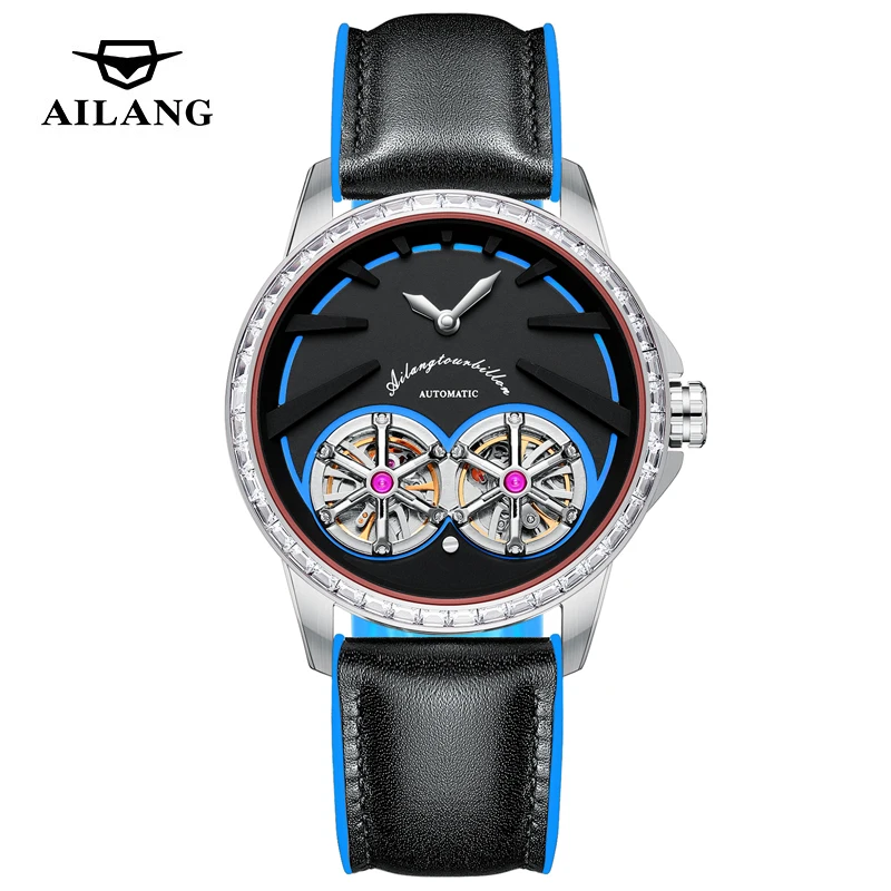 AILANG Orologio da uomo con doppio tourbillon, cinturino in pelle, impermeabile, di lusso, meccanico, con lunetta in diamanti, da uomo_voghion.com