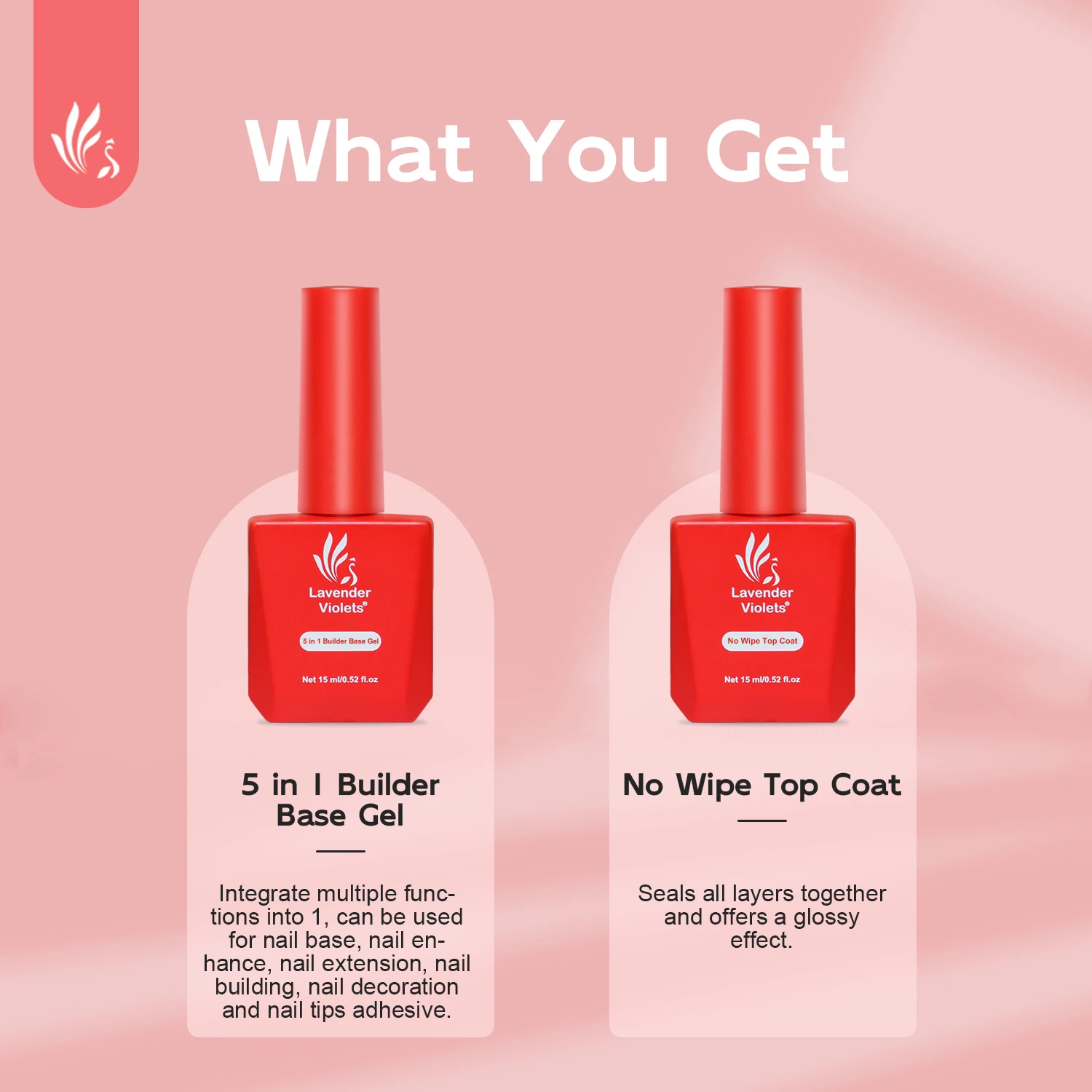 2pcs 15ml 5 in 1 Builder Base Gel and No Wipe Glossy Top Coat Soak off Cure Needed Nail Gel for Home Salon Nail Art Manicure nail art set