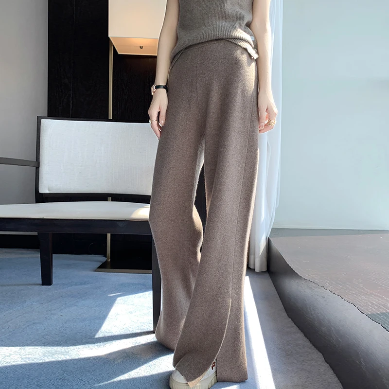 Autumn and winter new 100% Merino pure wool split wide-leg pants solid color high waist commuter fashion knitted cashmere pants.