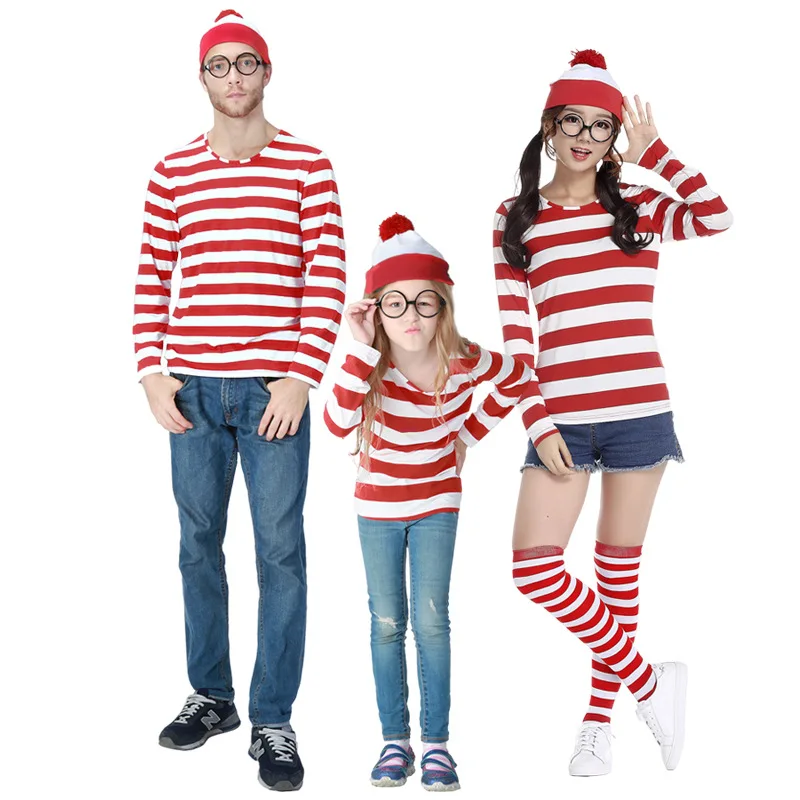 

S-XXL Parent-Child Cartoon Wally Waldo Costume Where is Waldo Cosplay Stripe Shirt Hat Glasses Outfit Halloween Fancy Dress