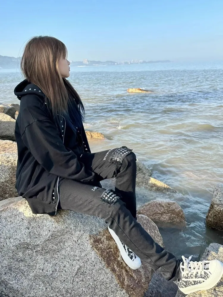 남성용 루즈핏 리벳 후드 재킷, 유니섹스 힙합 코트, 플리스 안감 재킷, 캐주얼 스트리트웨어, 가디건, 스웻셔츠 상의, 가을