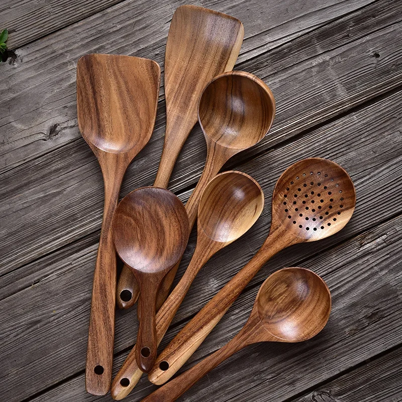

Teak Natural Wood Tableware Spoon Ladle Turner Rice Colander Soup Skimmer Cooking Scoop Kitchen Reusable Tool