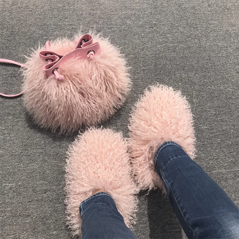 New fashion Women's Party Winter Imitation Wool Shoulder Bag Slippers Set girl's Bucket Bag WBS501
