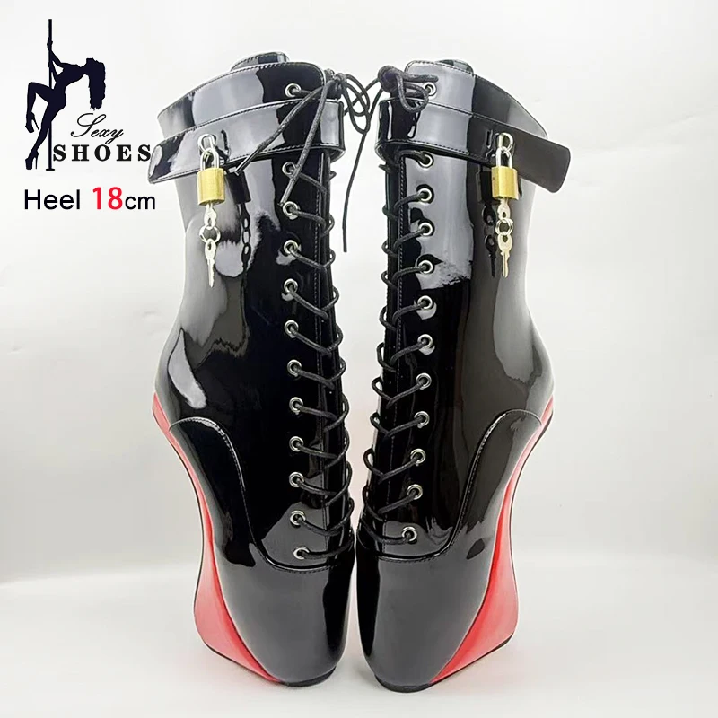 Designer New Heelless Style Heel 18CM/7Inch Black Ballet Ankle Boots With Locks Keys Ankle Wrap Strap Women Sexy Fetish Shoes