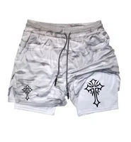 Cross Print 2 in 1 Workout Running Shorts for Men Christian Gym Athletic Shorts with Compression Liner Phone Pocket Towel Loop 1