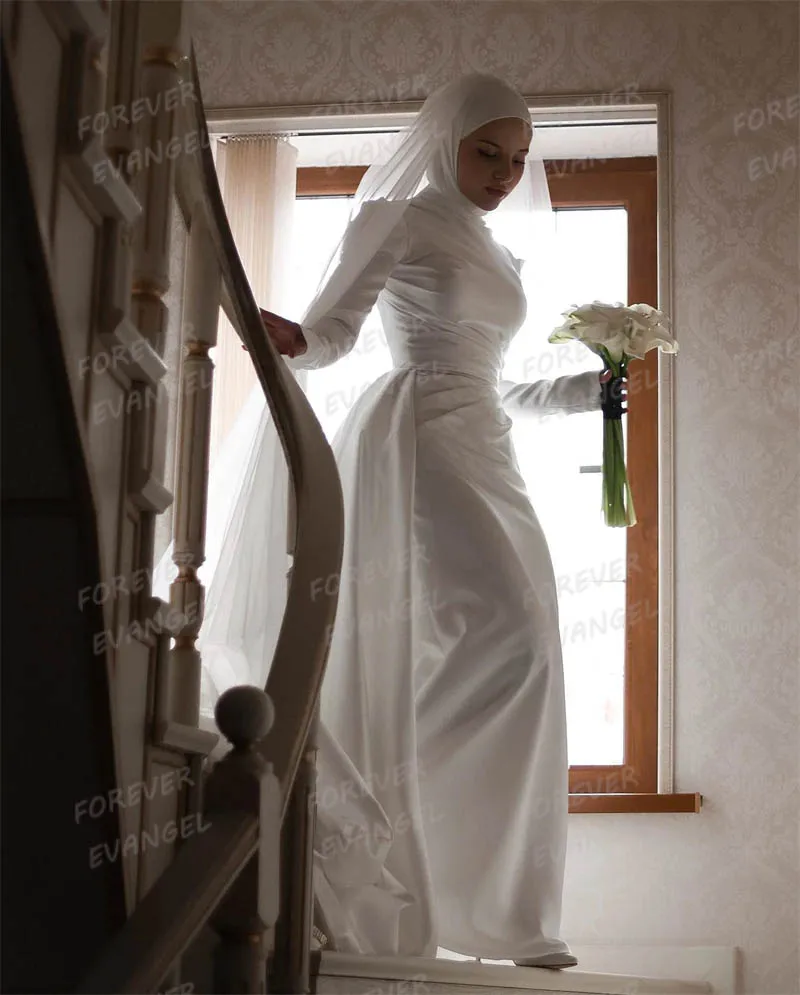 Luxury Muslim Wedding Dresses Mermaid Woman's Long Sleeve High Neck Satin Formal Bride Gowns Elegant Vestido De Novia Customized 3