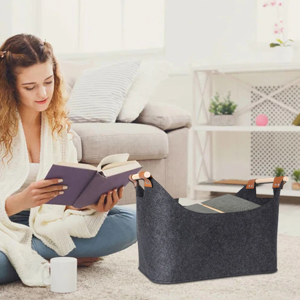 45 X 32 X 40 Cm 57 L Firewood Box Felt Basket with Wooden Handles Large Capacity Foldable Wood Basket for Fireplace & Wood Stove 4