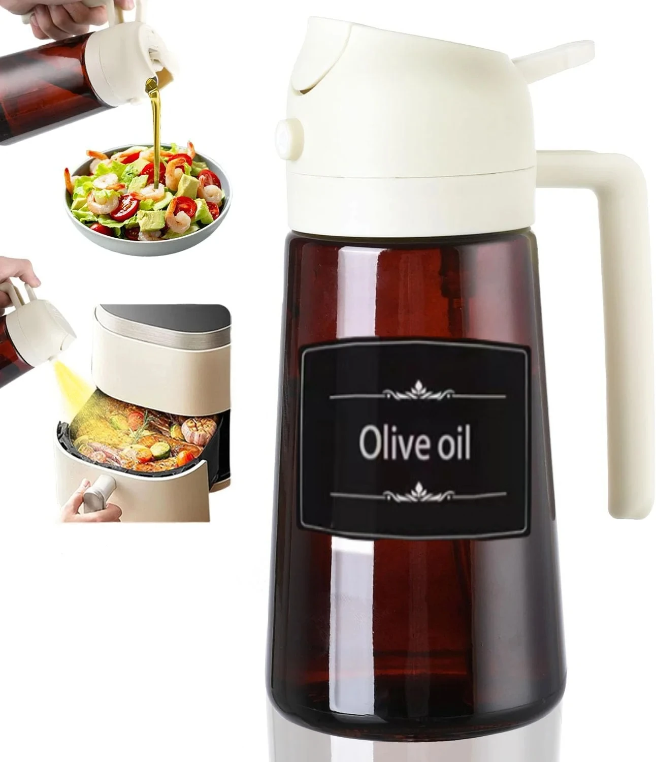 Glass Oil Dispenser 2-in-1 Sprayer - 16oz/470ml Leakproof Olive Oil Sprayer Bottle for Cooking, Kitchen, BBQ, Baking, Salad